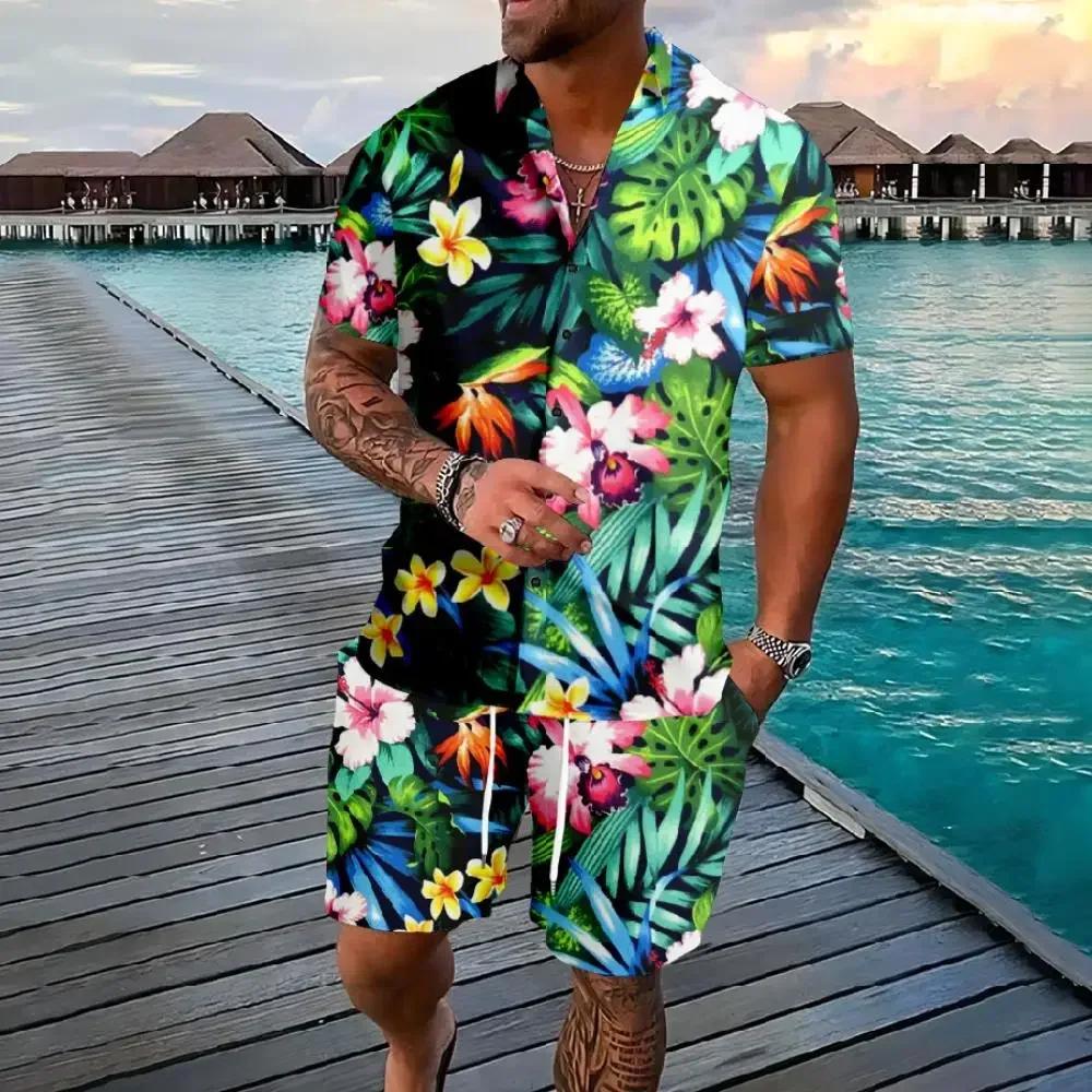 Chemise hawaïenne flamant cocotier impression 3d chemise à manches courtes + Short 2 pièces ensemble
