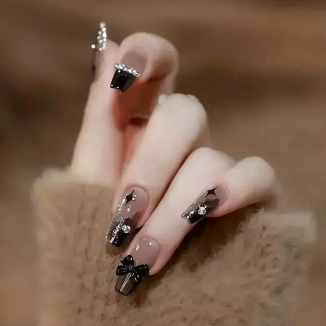 Faux ongles de Ballet rouge, 24 pièces, papillon, paillettes courtes avec strass, Design français, c