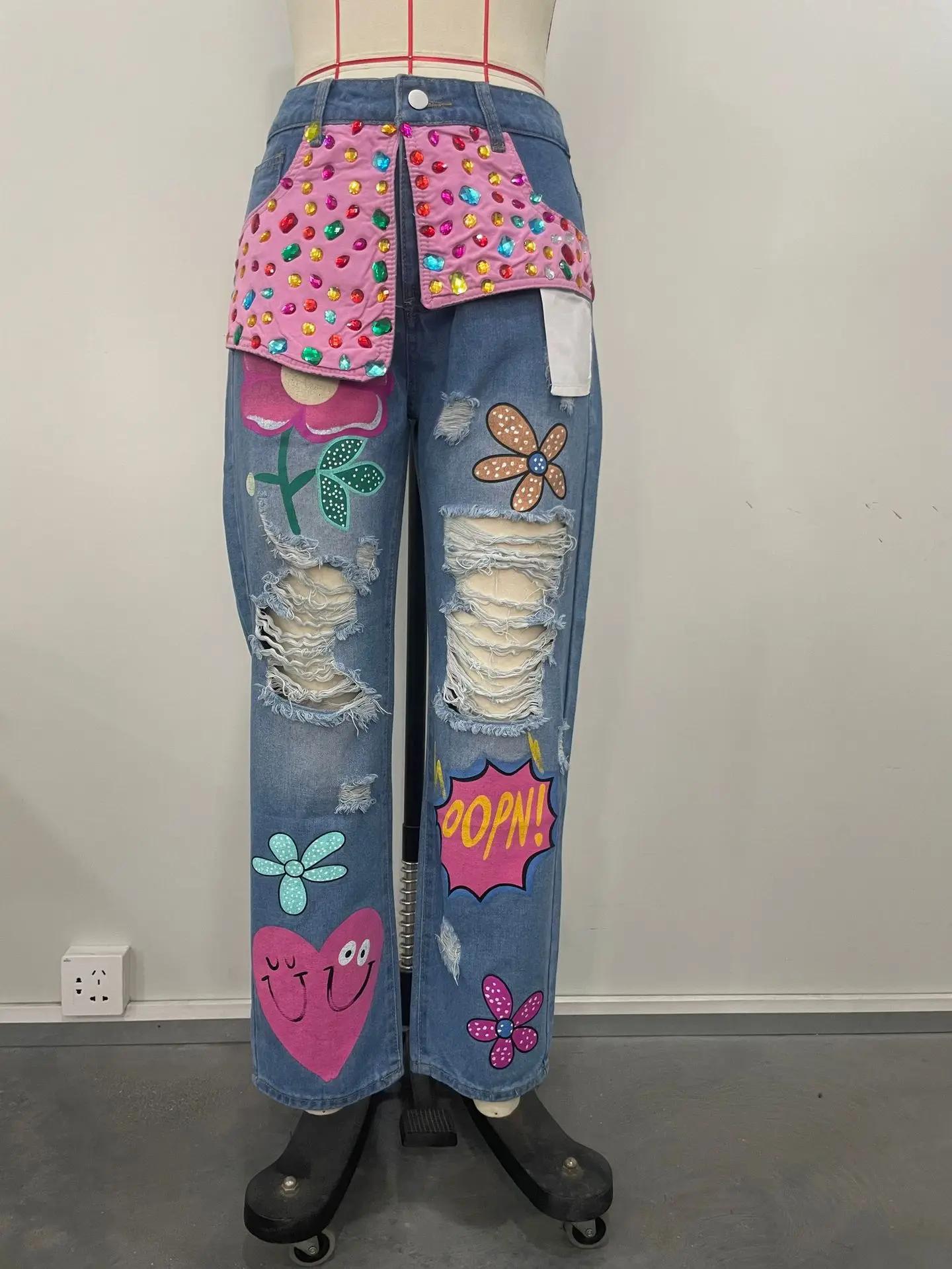 Jean en denim chic pour femme, taille haute, coupe ample, avec broderie florale printanière, strass,