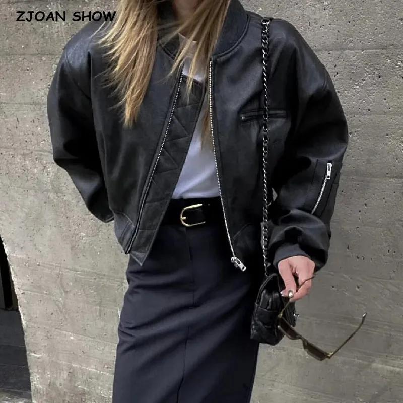 Y2K-Blouson en Cuir PU pour Femme, Col en V Côtelé, Manches sulf, Fermeture Éclair, Manteau Matelass