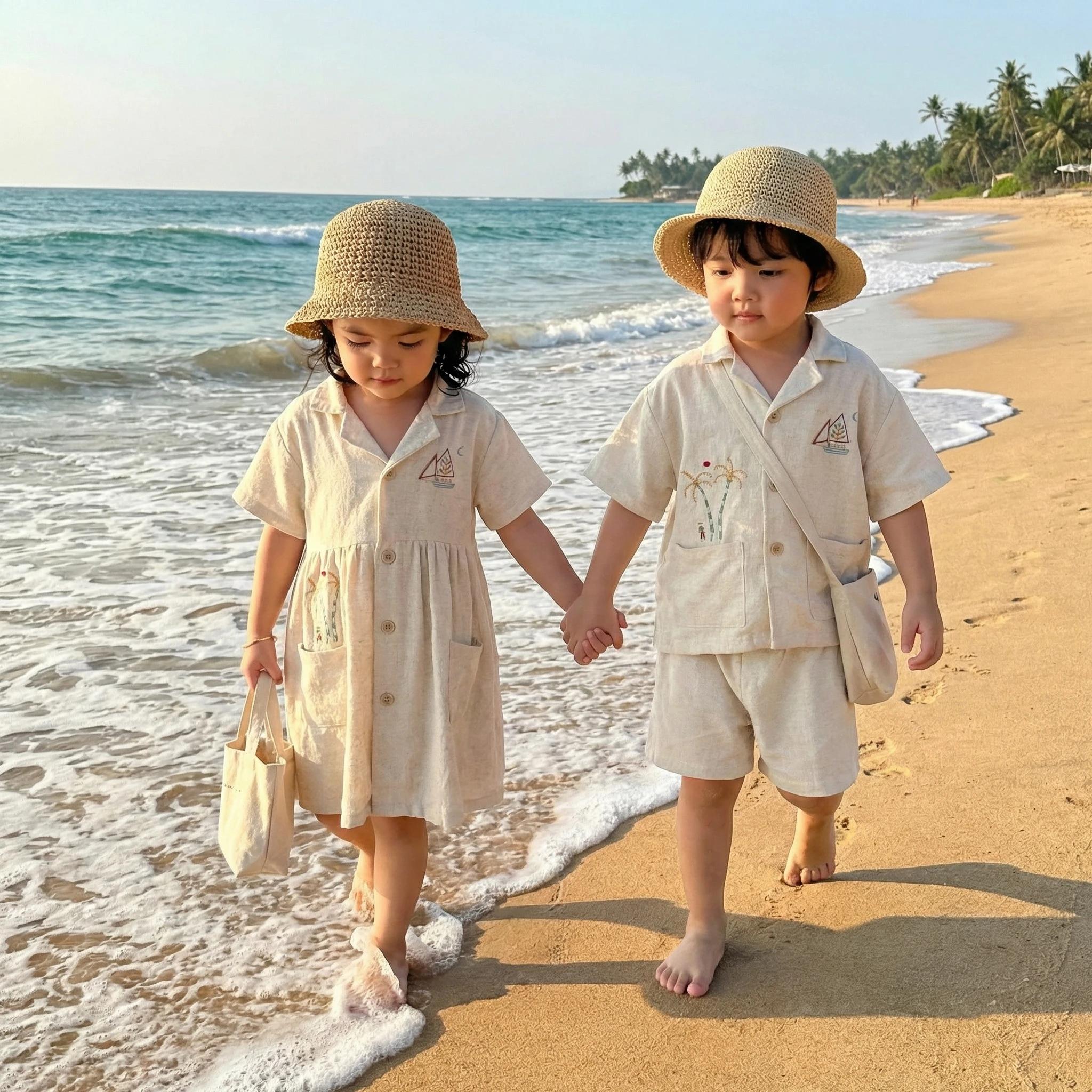 Nouvel ensemble d'été pour enfants style vacances : Robe trapèze en lin brodée bateau à voile pour f