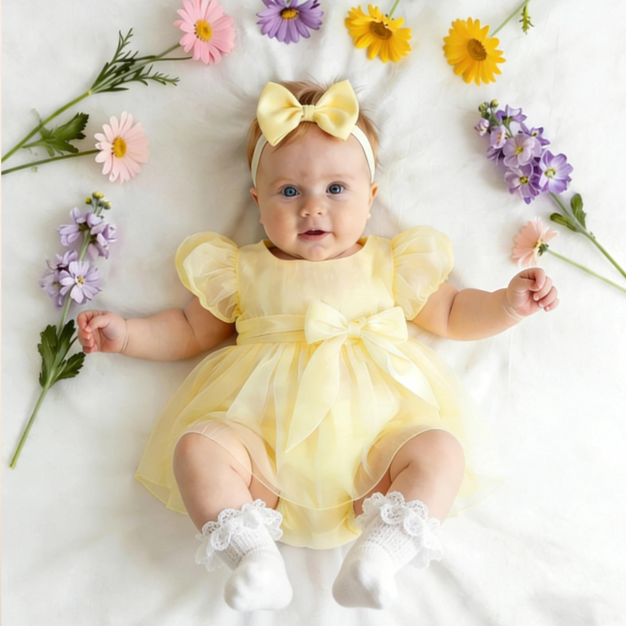 Nouvelle Collection Été : Robe en Tulle à Manches Bouffantes pour Nouveau-né avec Bandeau, Barboteus