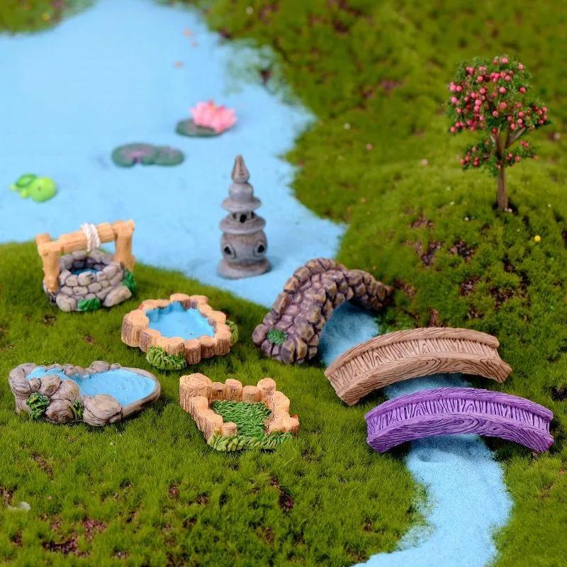 Accessoires de jardin féerique miniatures, puits d'eau de printemps, pont de bateau, ornement, Statu