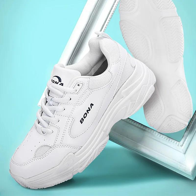 Baskets blanches plates BONA pour femmes - Chaussures décontractées plateforme vulcanisées