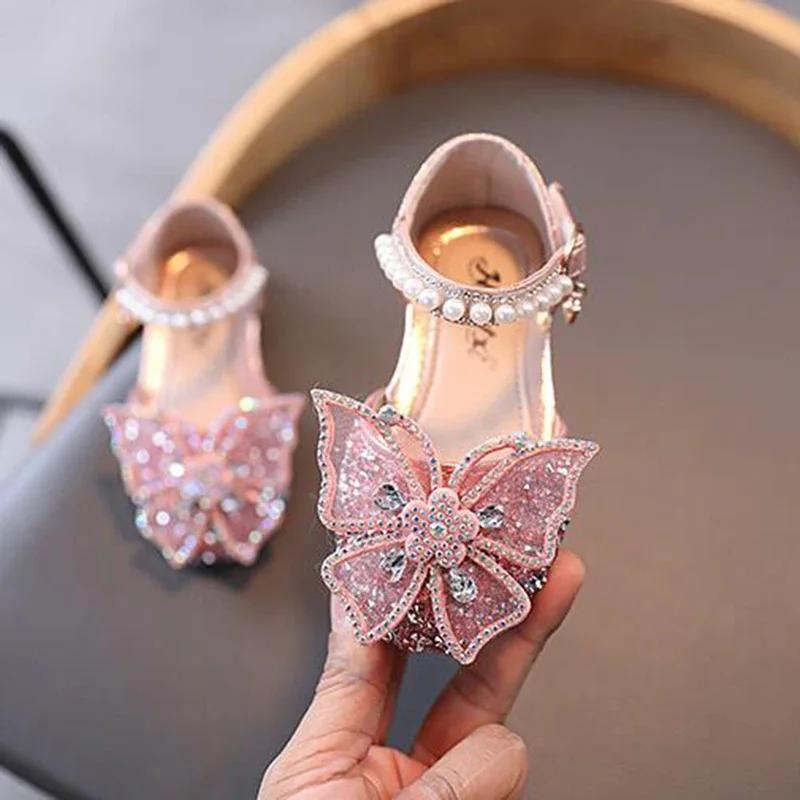 Sandales d'été pour filles, chaussures de princesse à paillettes et nœud en strass, chaussures à tal