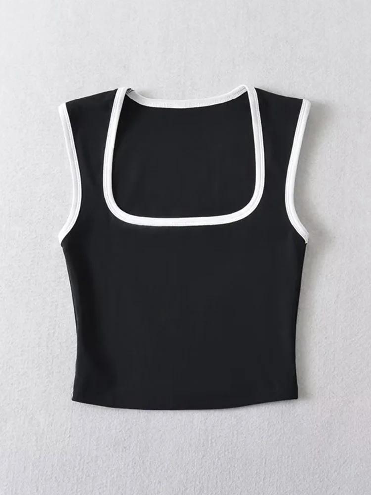Débardeur sans manches pour femme, Slim, couleur contrastée, décontracté, col carré, haut court, vêt