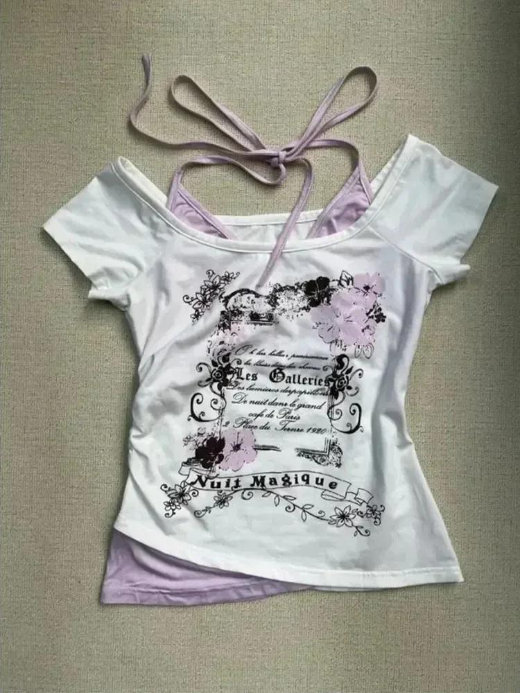 T-shirt Vintage Été 2026 Effet Deux Pièces Halter à Lacets Y2K Coupe Slim Imprimé Femme Épaules Dénu