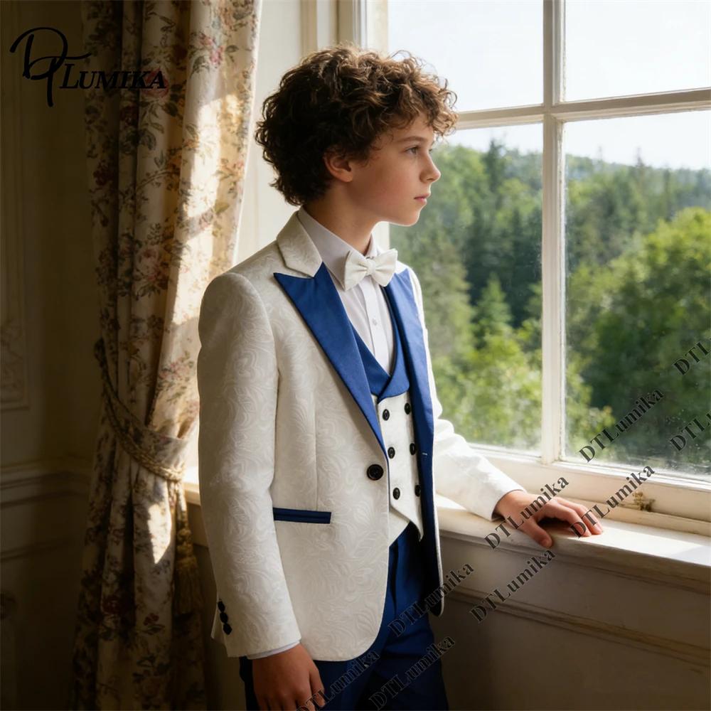 DTLumila - Costume de Cérémonie 3 Pièces Blanc pour Garçons 2026 avec Col Châle Bleu, Nœud Papillon 