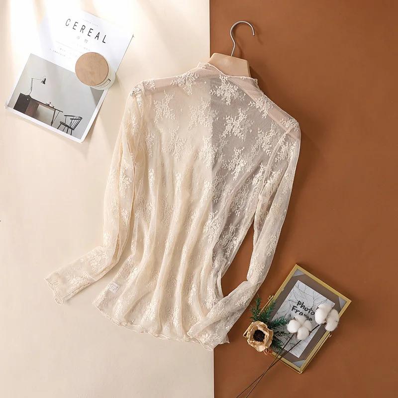 T-Shirts en maille pour femmes, chemisier en dentelle transparente, manches longues, hauts transpare