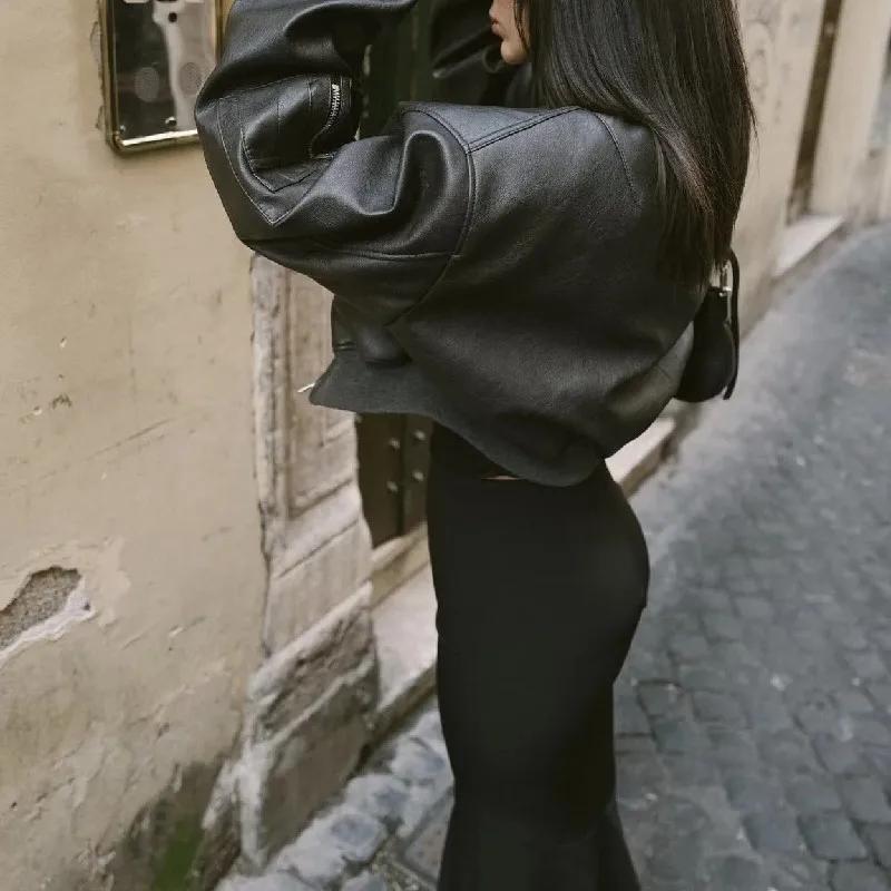 Y2K-Blouson en Cuir PU pour Femme, Col en V Côtelé, Manches sulf, Fermeture Éclair, Manteau Matelass