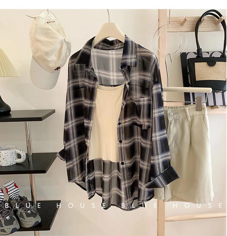 Chemise de protection solaire à manches longues à carreaux rouge et noir pour femmes, petit haut ext