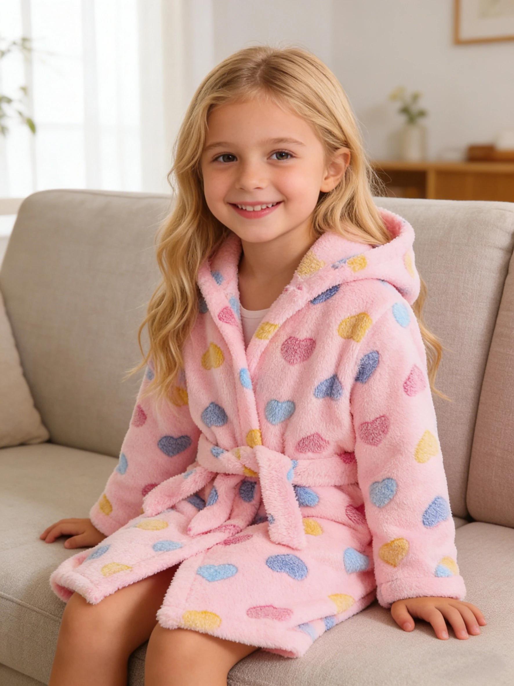 Peignoir pour filles, automne/hiver, manches longues et capuche, tissu doux et chaud pour porter à l