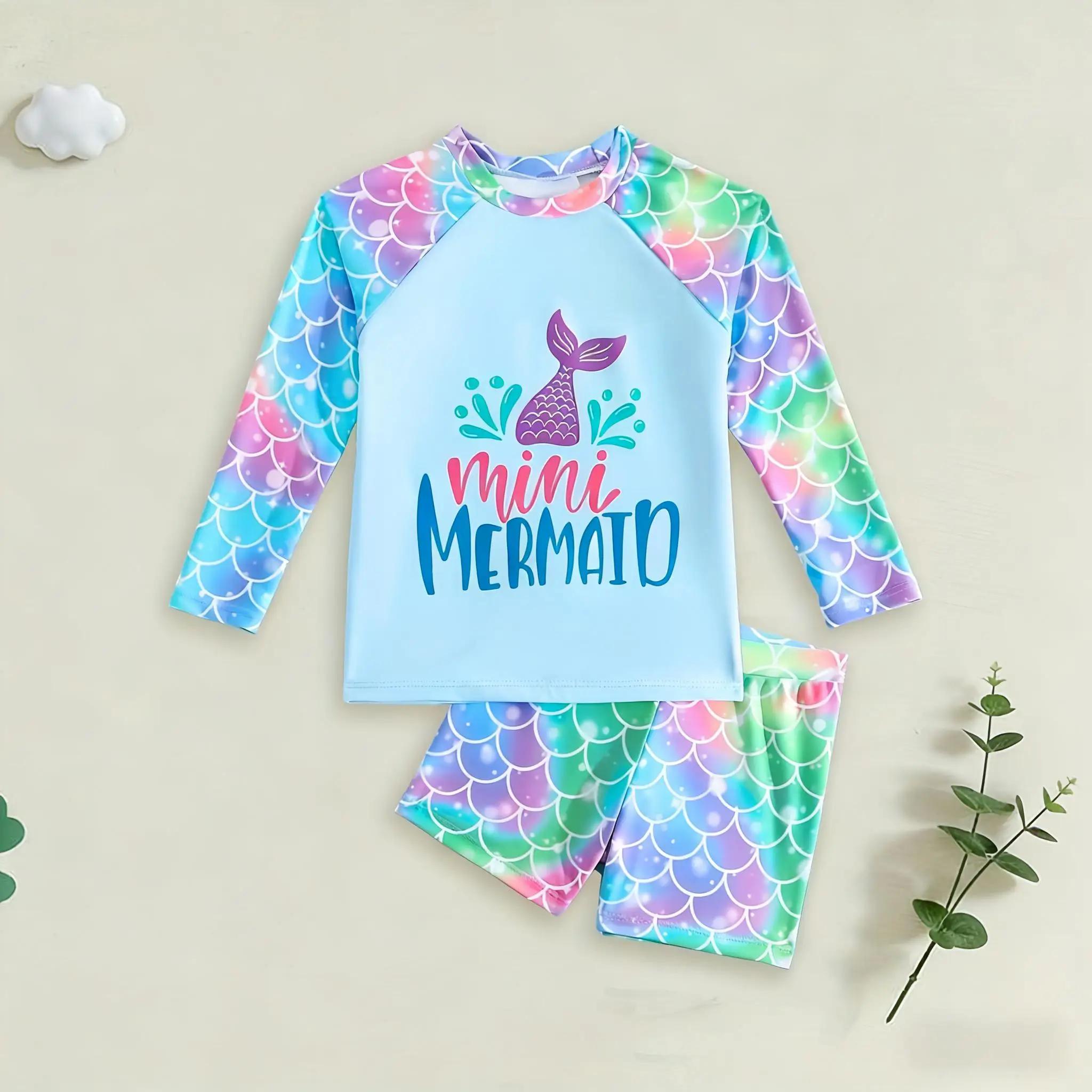 Maillot de bain 2 pièces pour filles, ensemble échelle de sirène, manches longues, Mini imprimé sirè