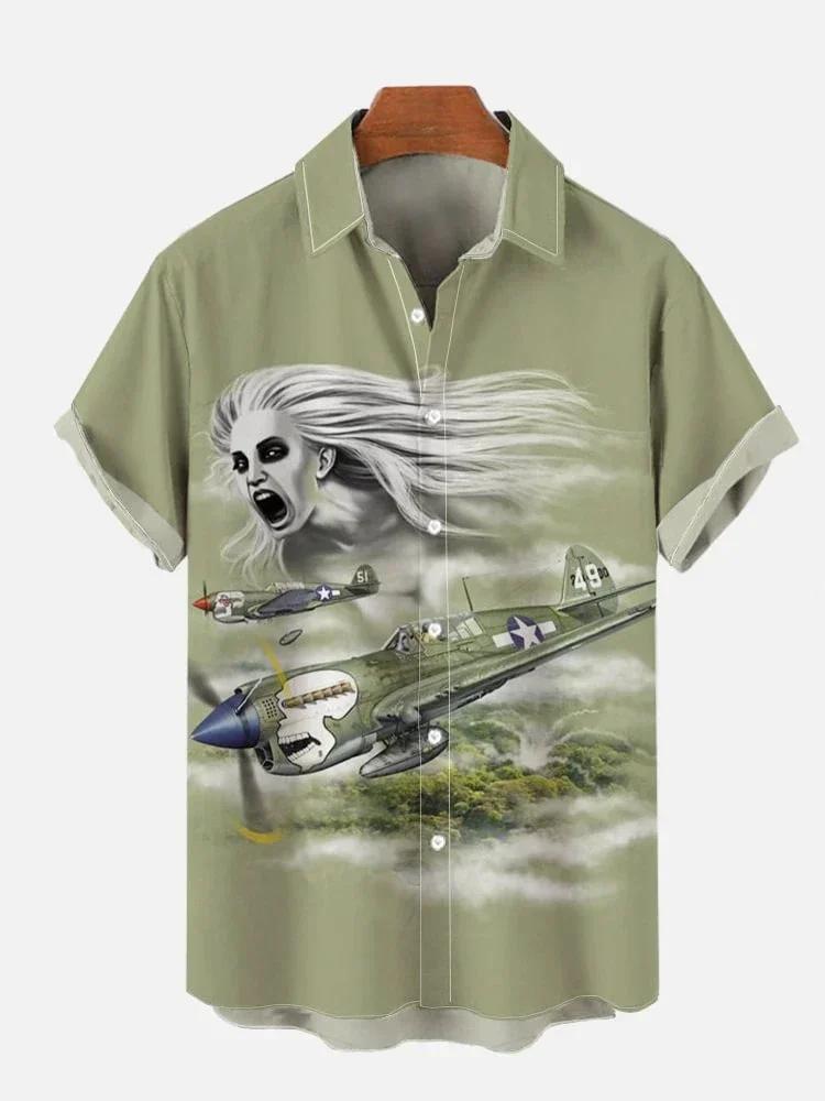 Chemise hawaïenne à manches courtes pour hommes, poche poitrine imprimée, éléments de la guerre de l