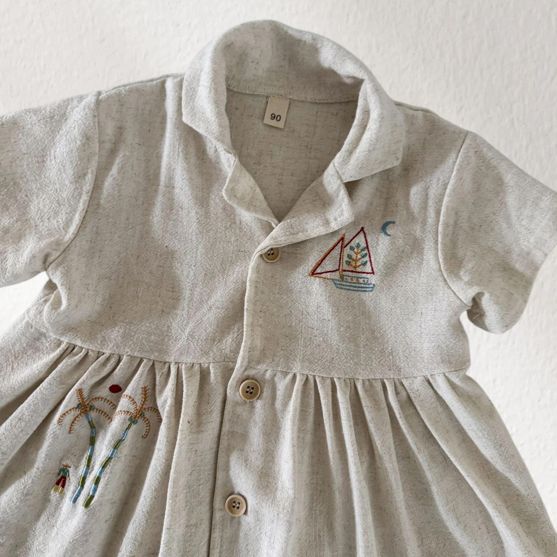 Nouvel ensemble d'été pour enfants style vacances : Robe trapèze en lin brodée bateau à voile pour f