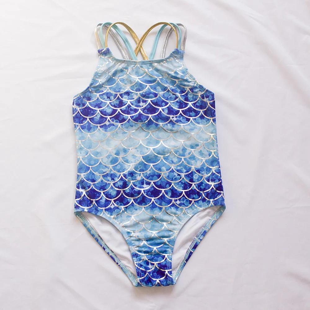 Maillot de bain une pièce pour filles et enfants, motif écailles de poisson, broderie en forme de co