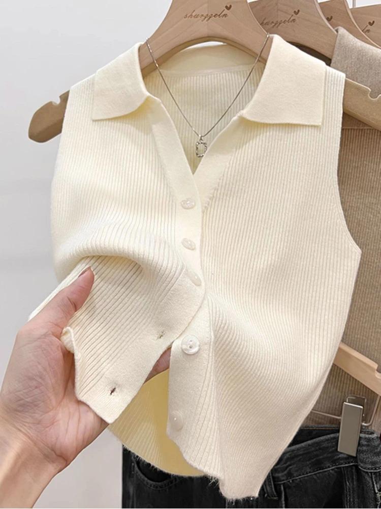 Cardigan tricoté de couleur unie pour femmes, pull coréen sans manches à simple boutonnage, col rond