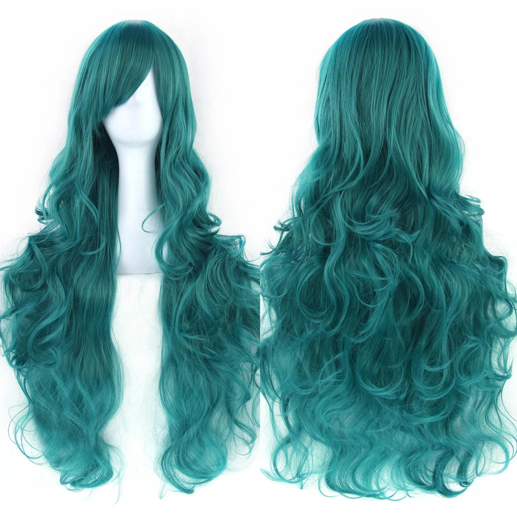 Soowee cheveux synthétiques longs bouclés perruque verte postiche rose noir fête cheveux Cosplay per