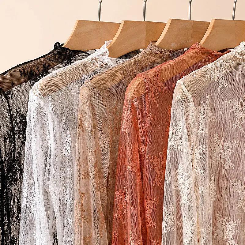 Chemisier à fond en dentelle pour femmes, T-shirt à manches longues en maille, haut court, Style étr