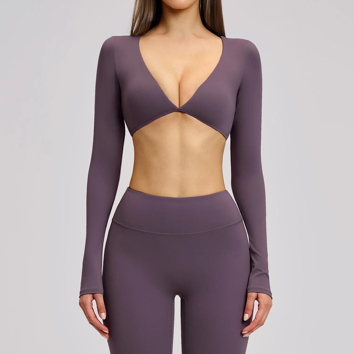 Haut court de yoga à manches longues pour femme, séchage rapide, idéal pour la gym, la course et l'e
