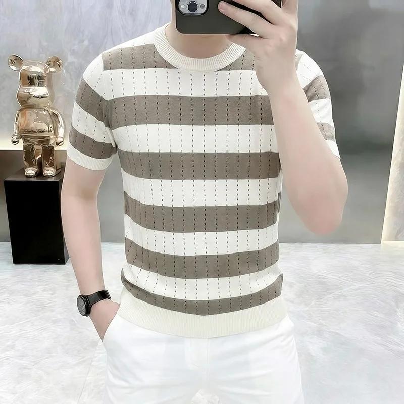 T-shirt en maille de soie glacée style britannique pour homme, rayé, à manches courtes, col rond, co