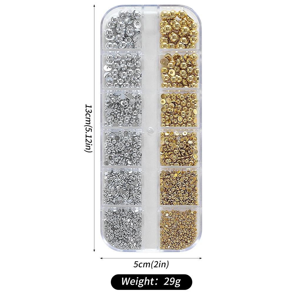1 boîte de strass demi-ronds à dos plat pour ongles, multi-tailles, perles métalliques or et argent,