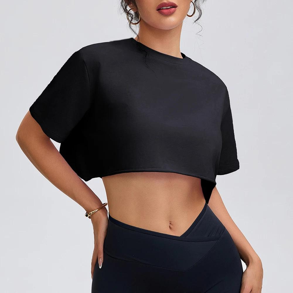 Anfilia femmes mode chemises de Yoga coupe ample col rond manches courtes 95% coton respirant gymnas