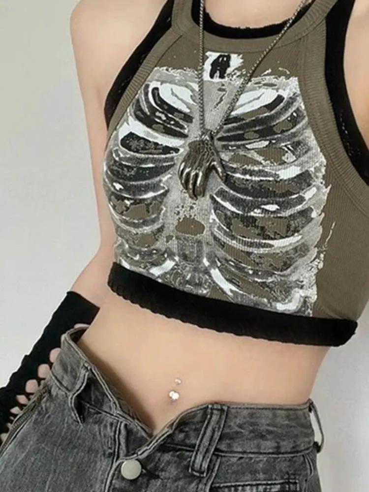Punk Aesthetic Cyber Retro X-ray Skeleton Print Rib Sleeveless Vest ArmyGreen Crop Top Designer Clot