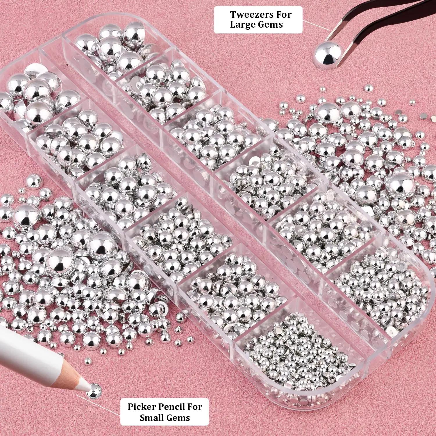 Perle de Caviar en métal demi-rond en argent brillant, 12 grilles, Rivets pour ongles, breloques 2/3