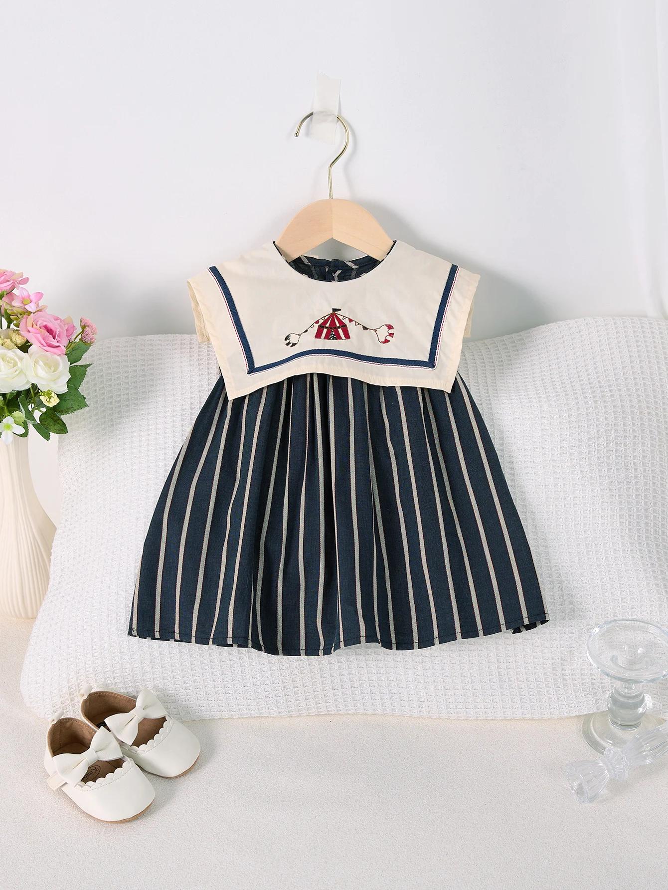Robe d'été décontractée pour filles, jupe rayée à grand revers, sans manches, brodée