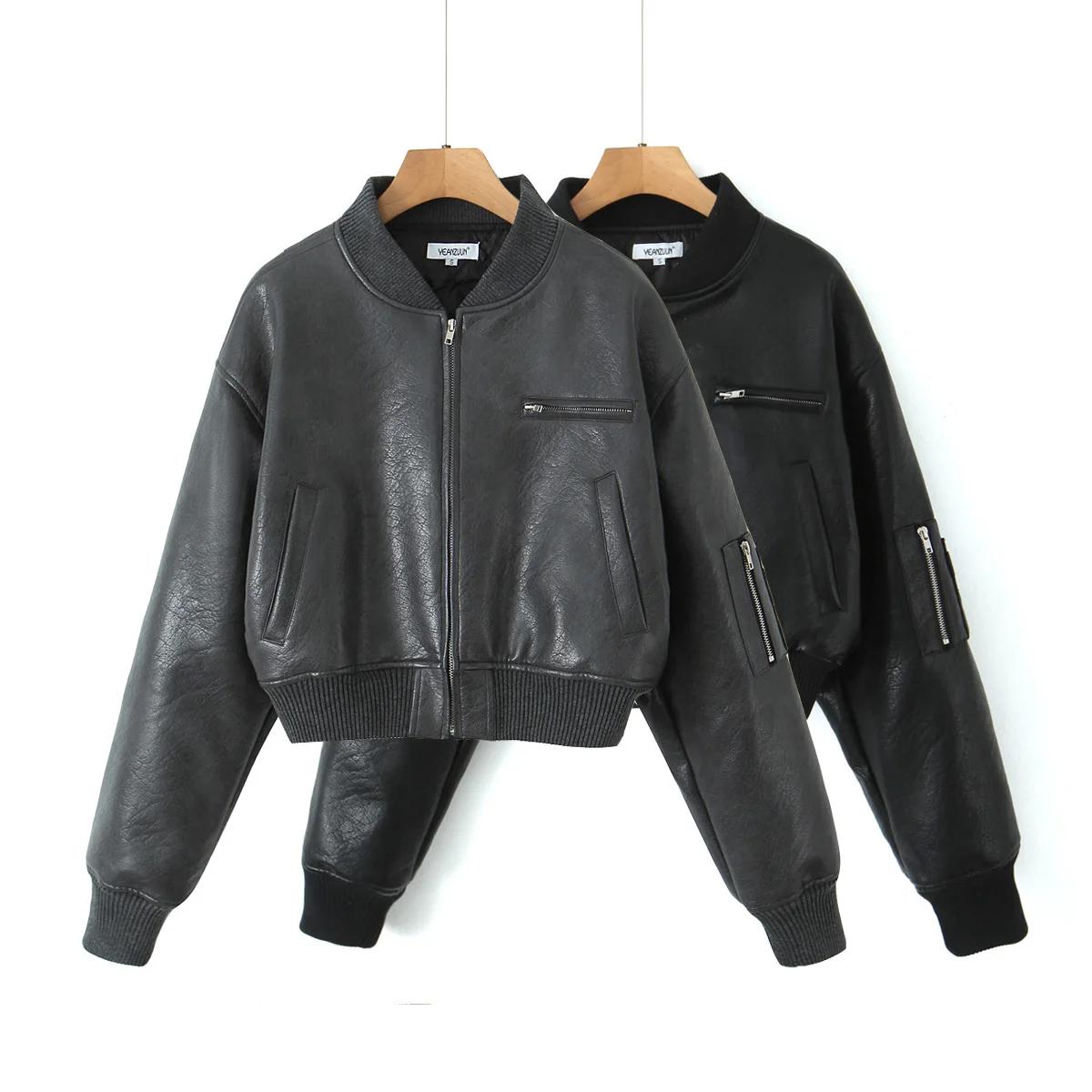 Y2K-Blouson en Cuir PU pour Femme, Col en V Côtelé, Manches sulf, Fermeture Éclair, Manteau Matelass