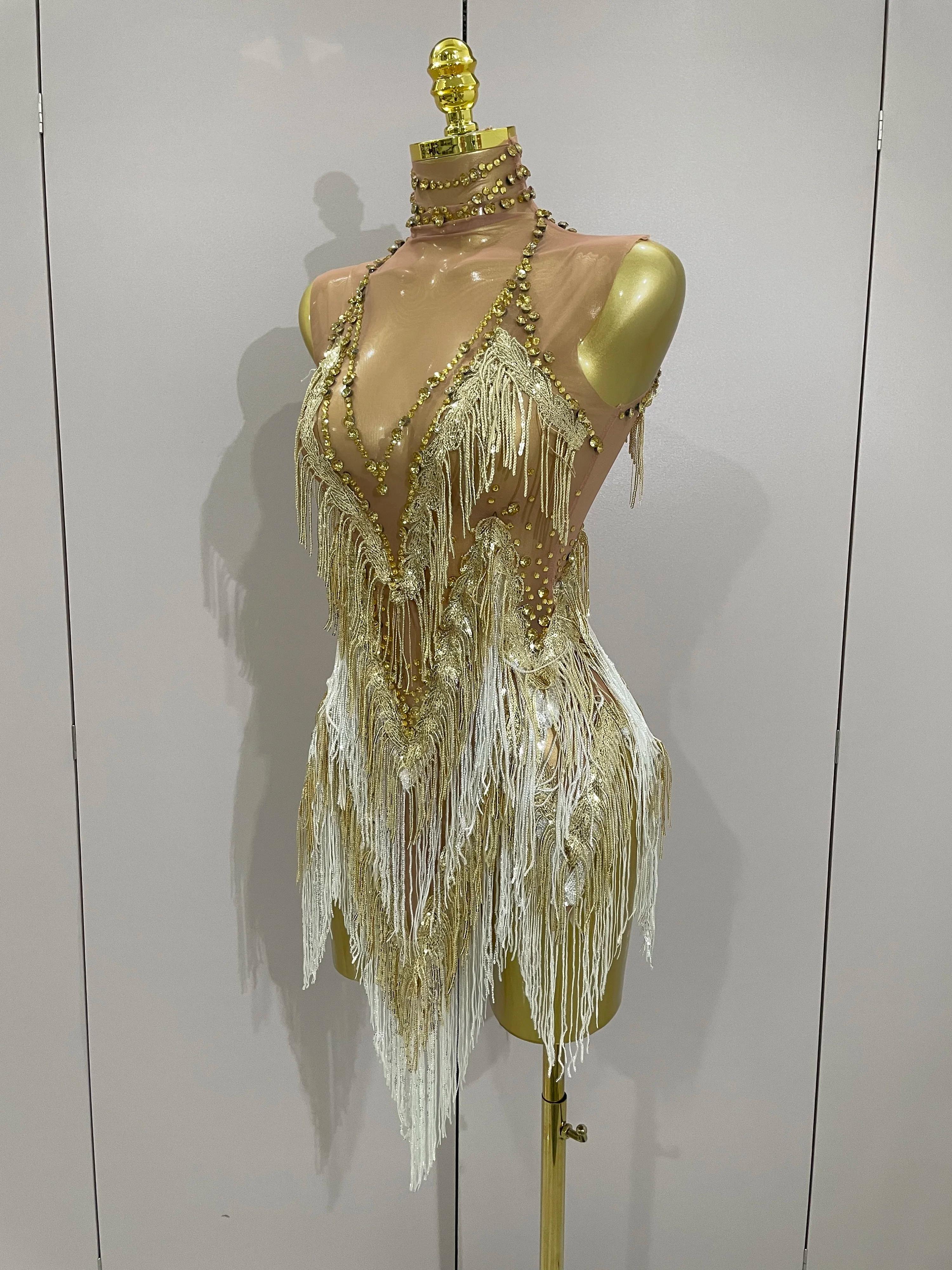 Stock 2025 femmes Sexy maille extensible brillant strass glands Mini robe discothèque chanteur danse