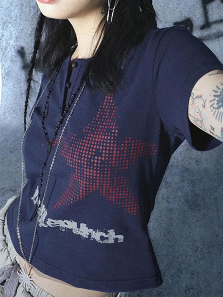 Haut court à manches courtes et col rond pour femmes, T-shirt graphique, Streetwear à motif d'étoile