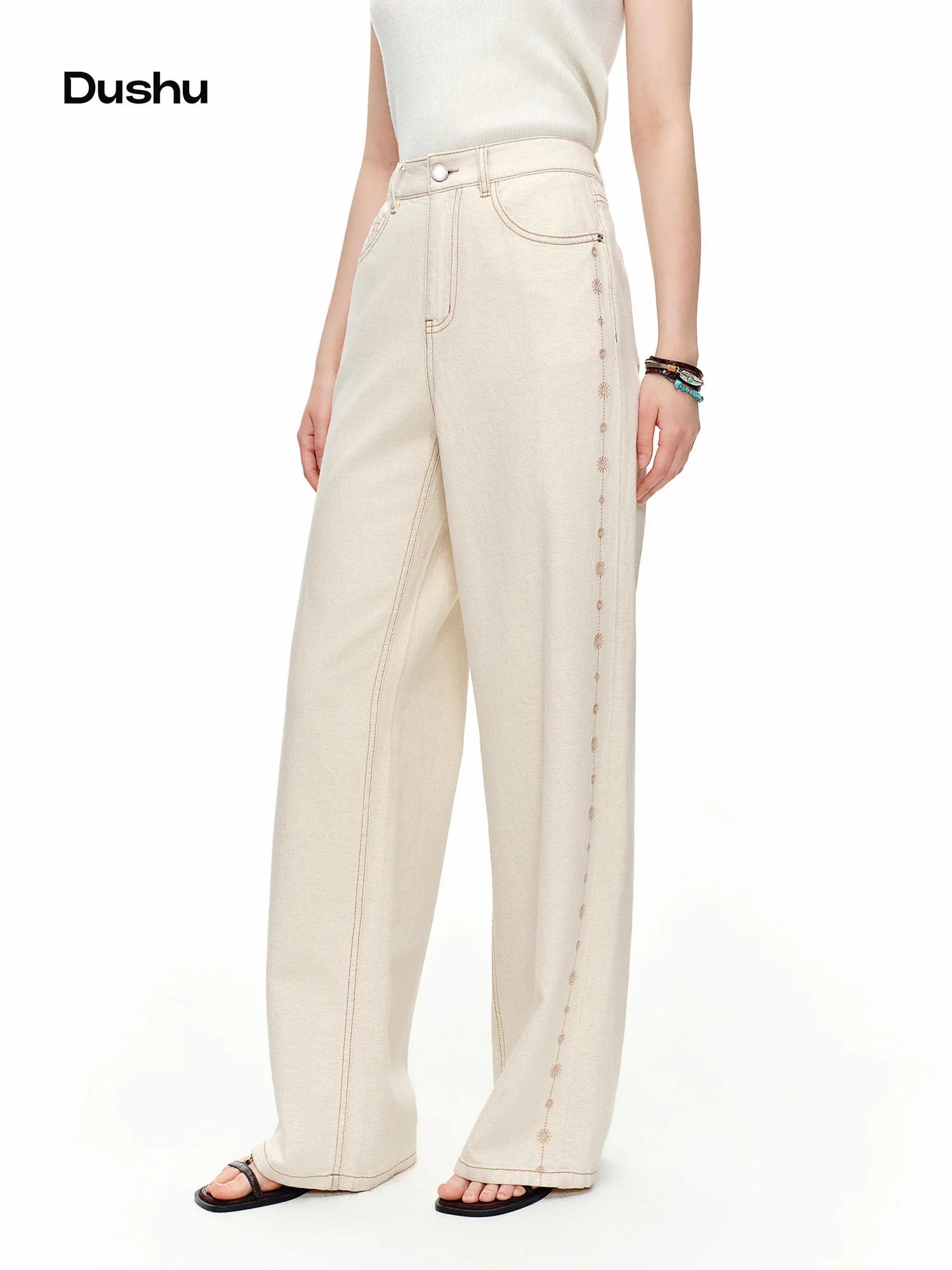 DUSHU 2024 – Jean droit brodé en mélange de lin blanc pour femme – Pantalon élégant et décontracté p