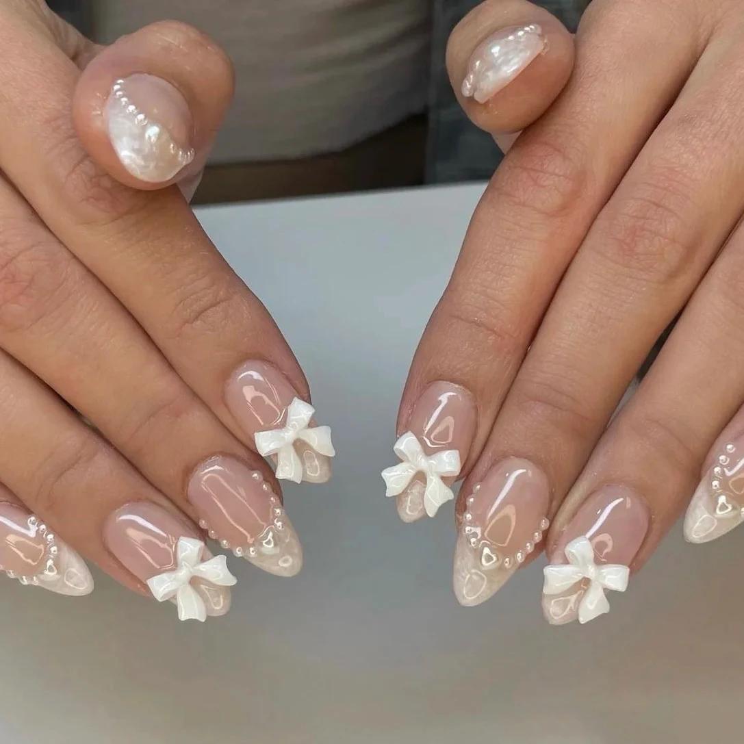 24 pièces (+ outils) perle arc nu rose presse sur ongles blanc français bout des doigts amande couve