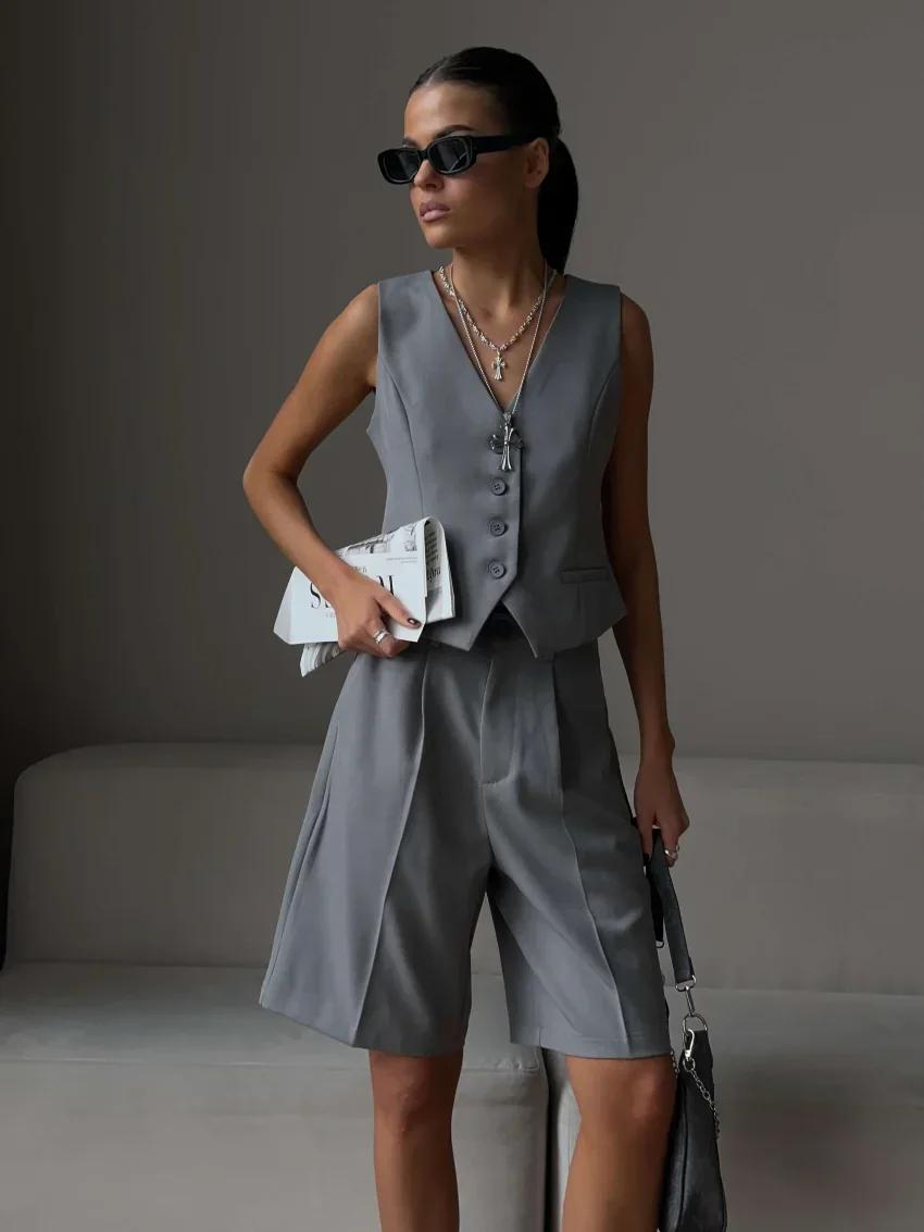 Wolfeel été femmes Chic gilet Shorts costume deux pièces ensemble bureau dames Chic 2 pièces ensembl