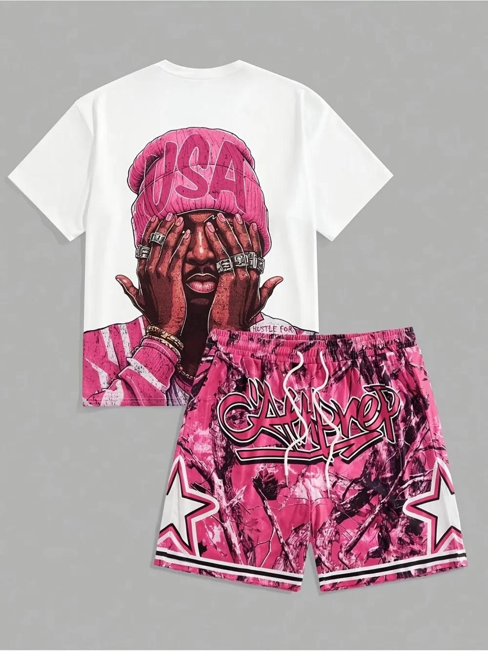 Ensemble T-shirt à col rond et short à cordon pour homme, motif lettres USA, confortable et respiran