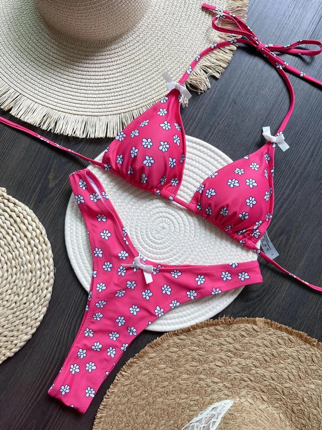 Maillot de bain deux pièces imprimé fleurs pour femme, bikini licou, coupe haute, baigneur, baigneur