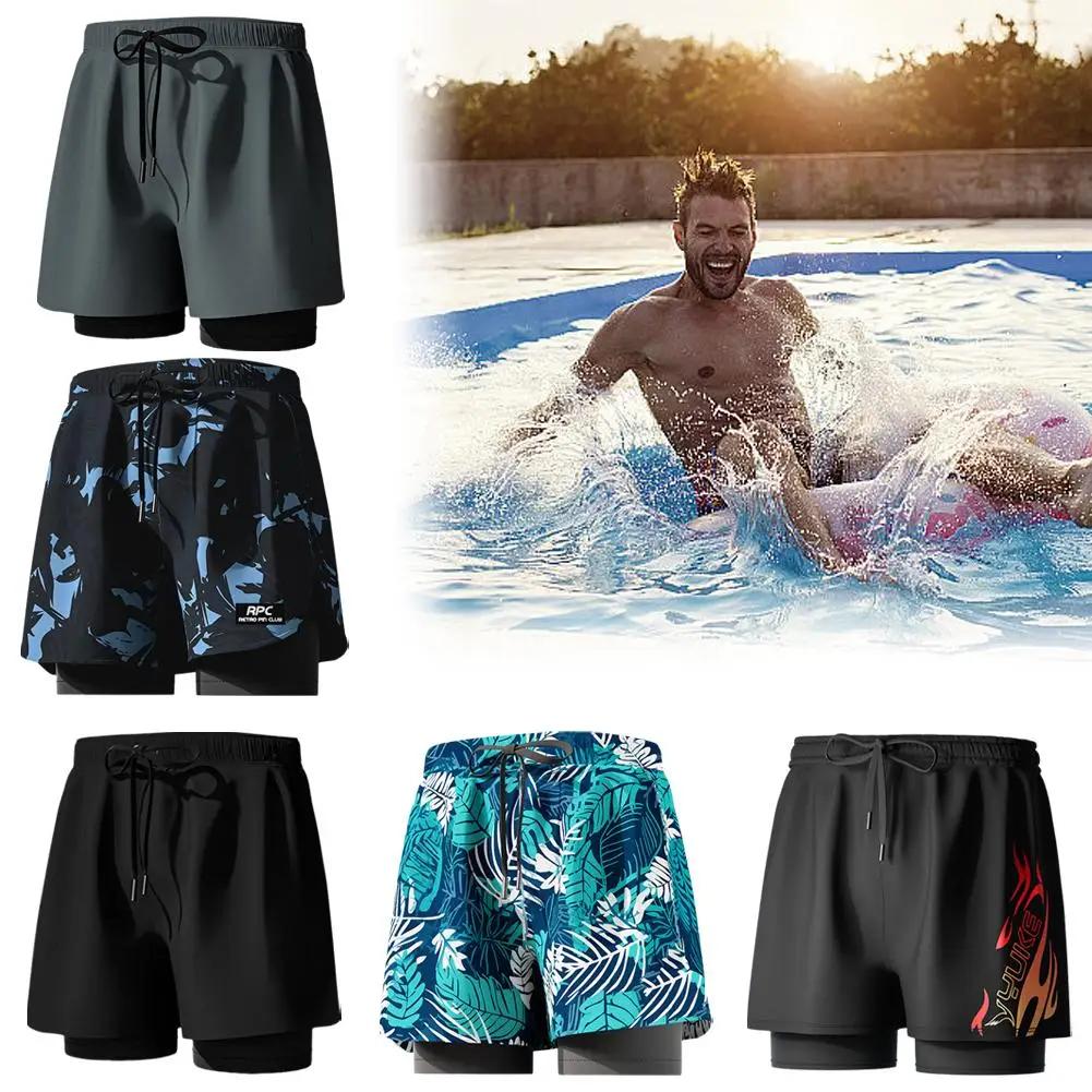 Pantalon de natation Double couche pour hommes, maillot de bain avec doublure de Compression, extens