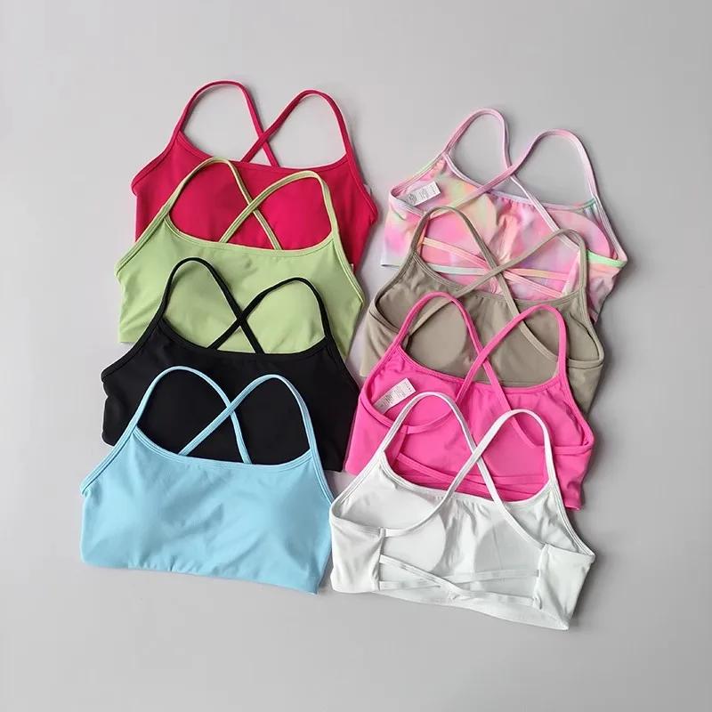 Soutien-gorge de Fitness de couleur unie pour femmes, dos croisé doux, haut de Sport avec coussinet 