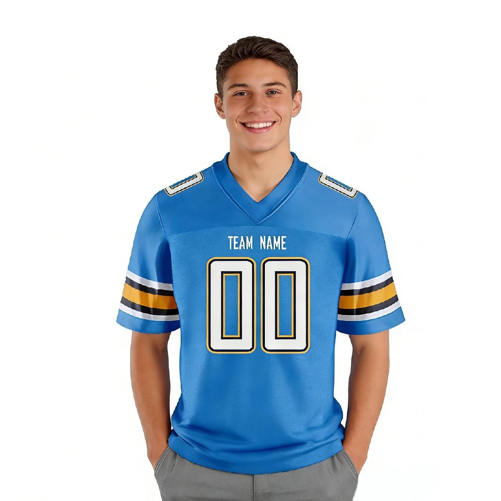 Maillot de Football Américain Personnalisé Bleu Blanc avec Nom et Numéro de l'Équipe, Uniforme de de