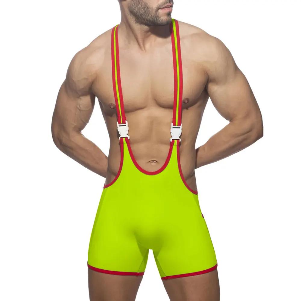 Sous-vêtements de body sexy à rayures arc-en-ciel pour hommes, slips de boxeur de lutte, combinaison