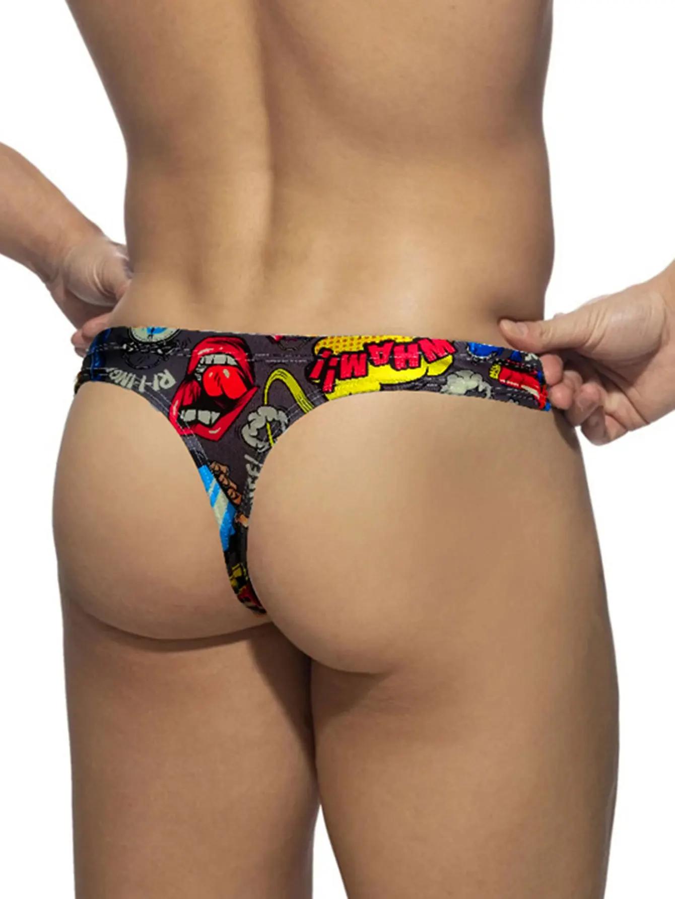 Hommes Pop Art dessin animé imprimé taille basse Sexy Bikini string maillots de bain plage slip de b