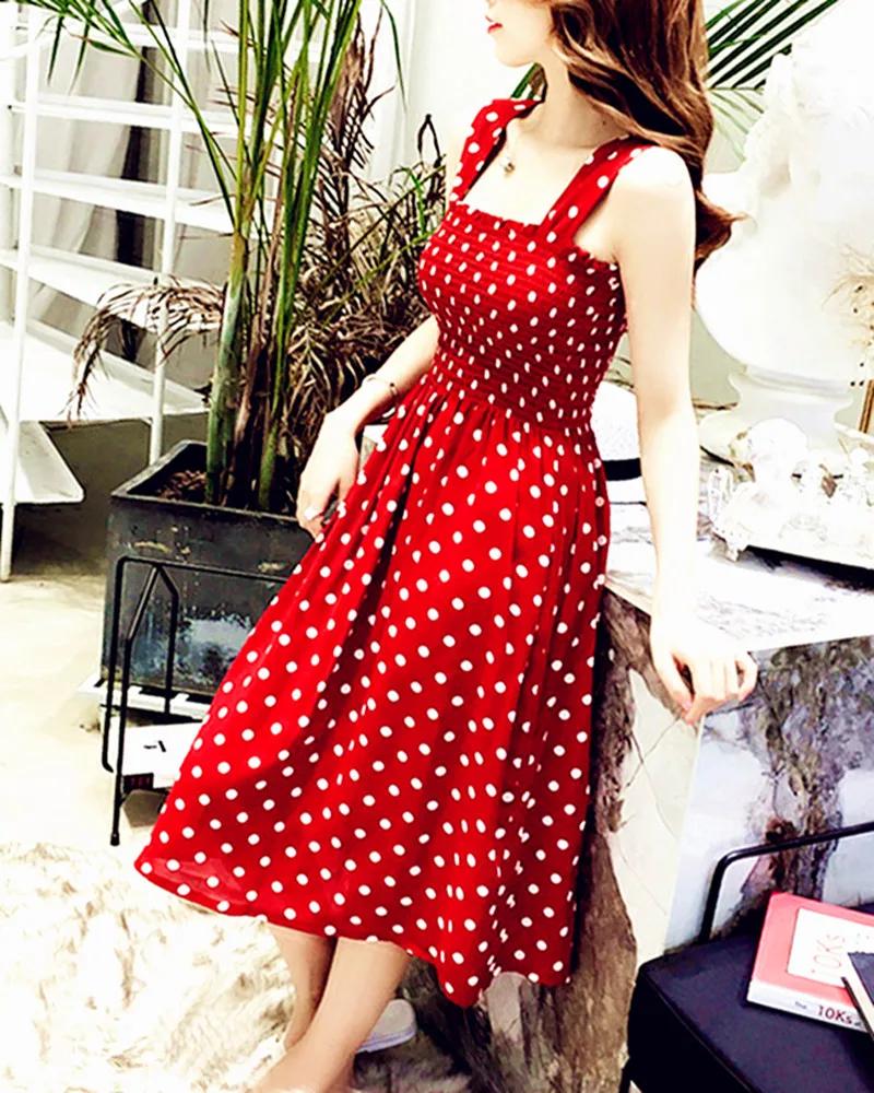 Robe longue d'été décontractée à pois vintage avec volants, élégante, en soie, à bretelles, taille 5