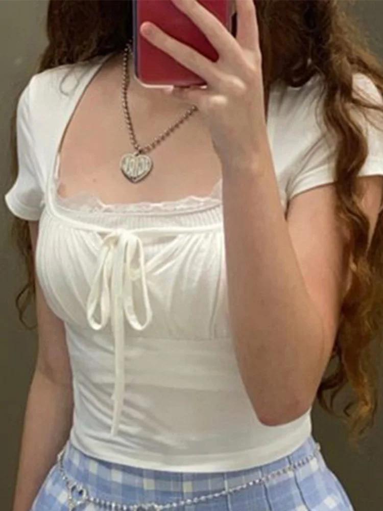 T-shirt tricoté blanc décontracté pour femmes, patché en Lac, Style coréen Y2K, Slim, à nouer, fronc