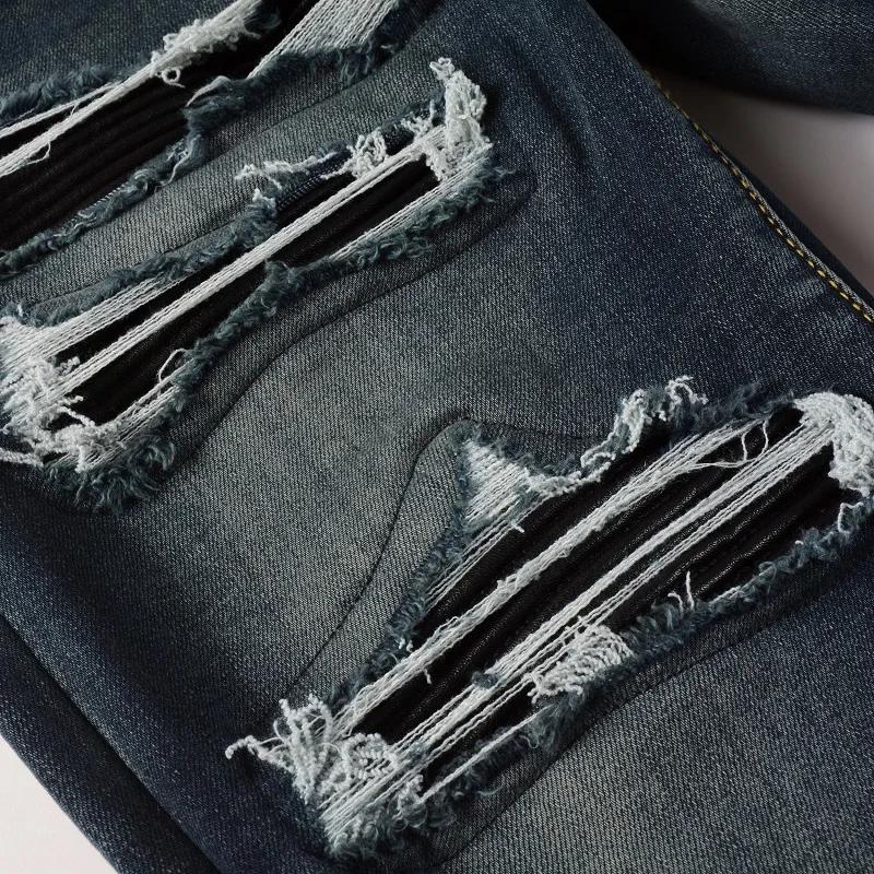 Jean en Denim pour hommes, patchs en cuir noir, Streetwear, pantalon slim conique, trous déchirés, p