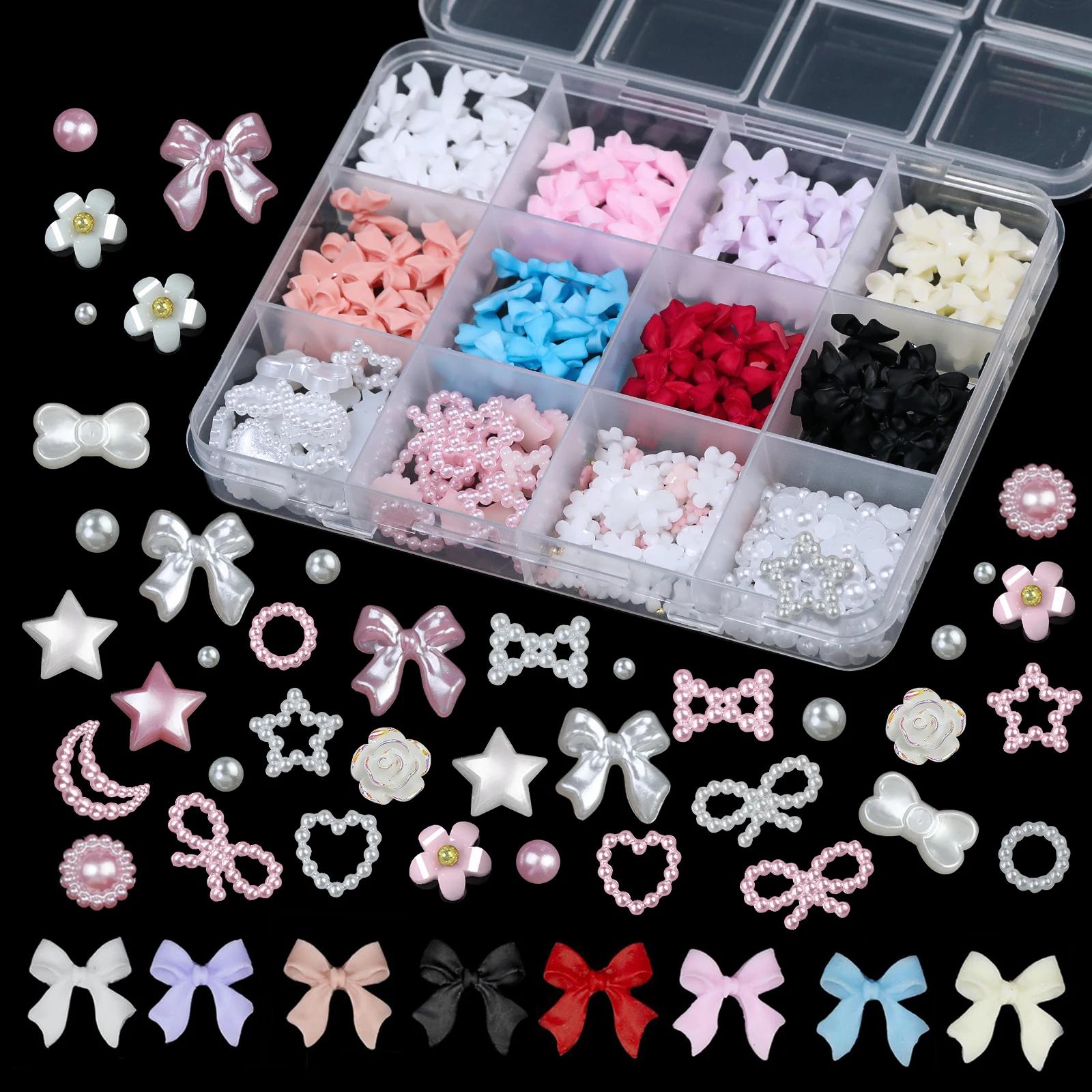 12 grilles mélangées de couleurs 3D, nœud en résine, perle, cœur, dos plat, diamant, décoration Nail