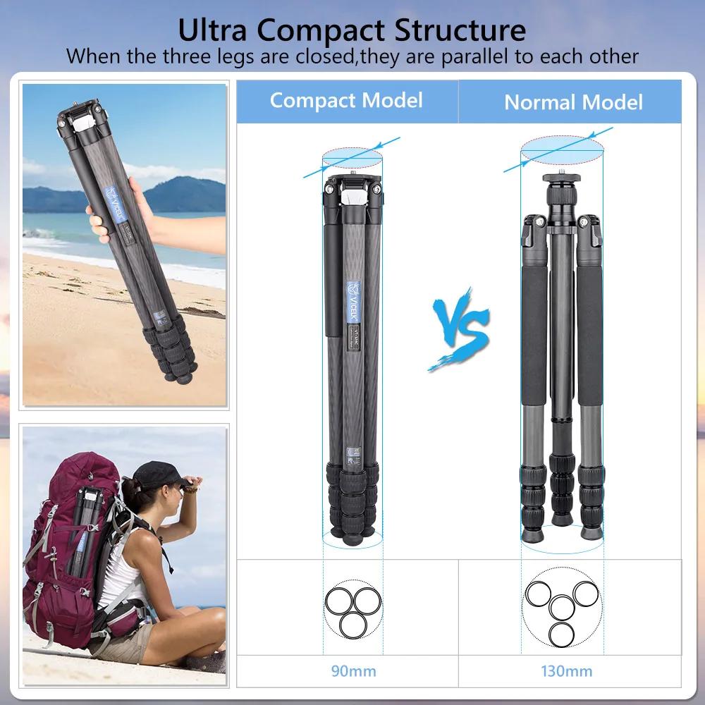 ELK 158cm Compact Carbon Fiber Trépied 32mm Tube rapDuty Camera Travel Trépied pour appareil photo r
