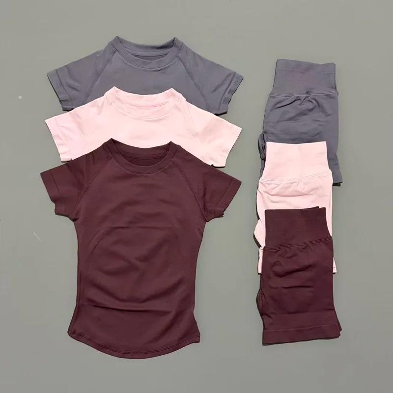 Ensemble de sport 2 pièces HISTELLO Df couleur unie, tenue de yoga sans couture à manches courtes po
