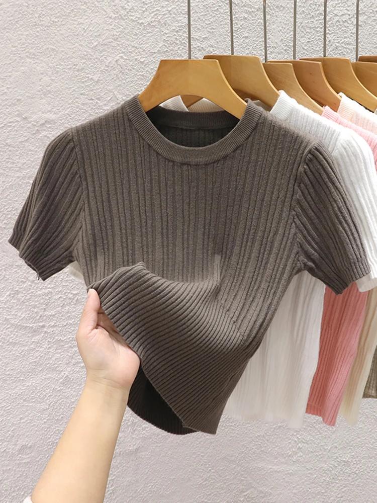 T-shirts d'été 2026 pour femmes – Décontractés, style coréen, tricotés, streetwear, basiques, unis, 